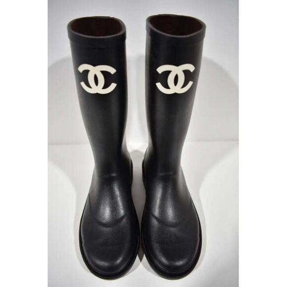 Chanel 22A Black White Caoutchouc CC Logo High Pull On Rubber Rain Boots 42 - Picture 7 of 12